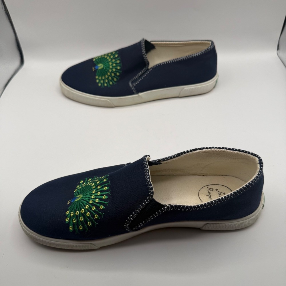 Jack Rogers Navy Canvas Peacock Embroidered Slip On Sneakers Shoes Womens 8M - Picture 2 of 9